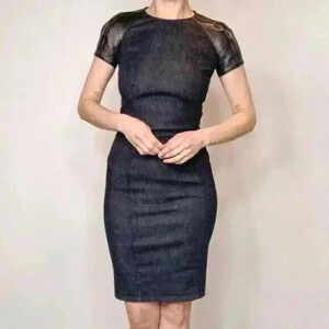 Ralph Lauren Black Label Denim Lamb Leather Sheath Dress Size 2